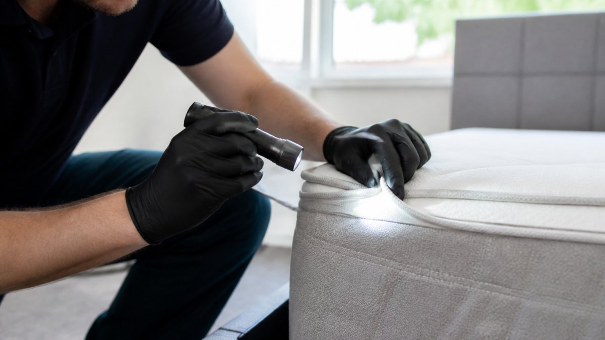Professional inspector using a flashlight to check mattress seams for signs of bed bugs in a rental bedroom