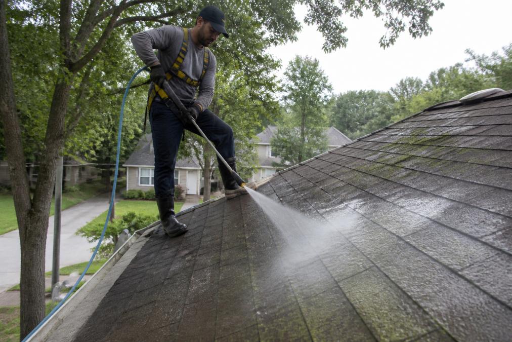 A professional technician in safety gear using a soft wash system on a residential roof, with low-pressure spray visible and surrounding trees in a humid suburban neighborhood