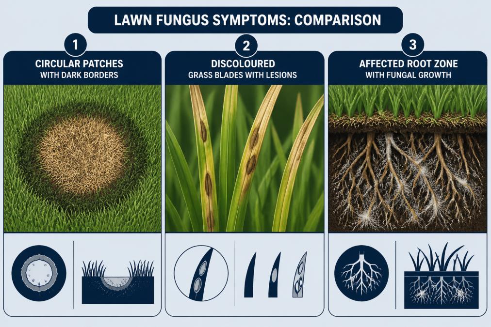 Close-up view of lawn showing three different brown patch symptoms side by side: circular patches with dark borders, discoloured grass blades with lesions, and affected root zone with visible fungal growth
