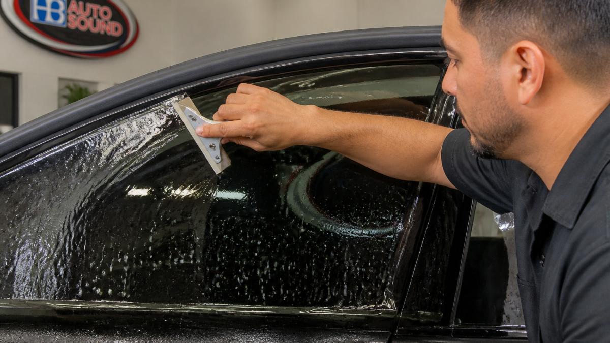 Professional demonstrating proper squeegee technique on automotive window film, showing hand position at 45-degree angle with steady pressure, water droplets visible beneath film in bright workshop lighting