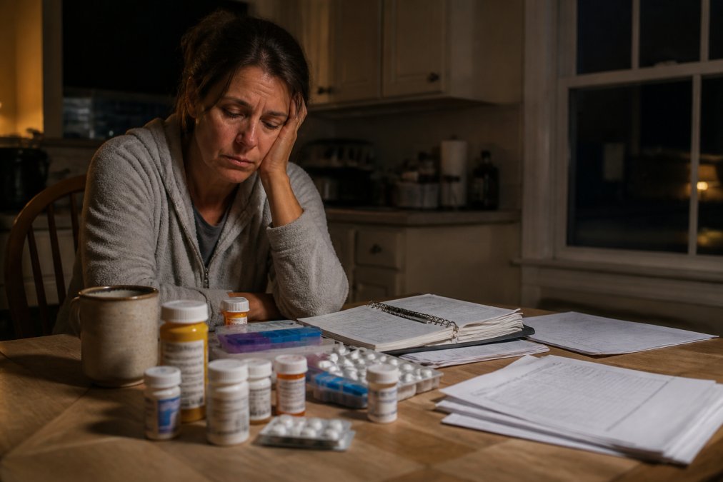 Infographic illustrating the daily signs and exhaustion of caregiver burnout with a tired daughter at a table.