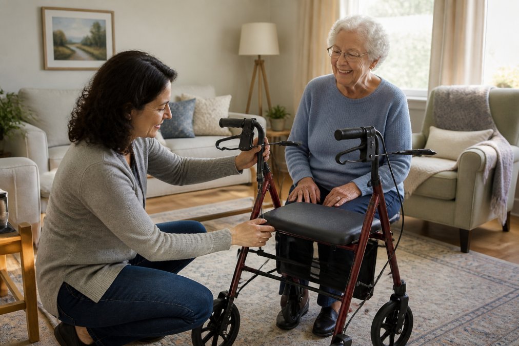 Caregiver adjusting a rollator for an elderly woman, helping in preventing caregiver burnout with home equipment.