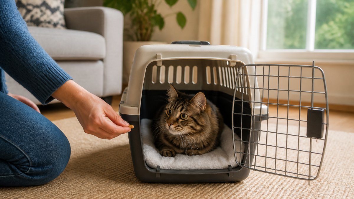 A person offers a treat to a calm cat sitting inside an open pet carrier in a sunlit living room.