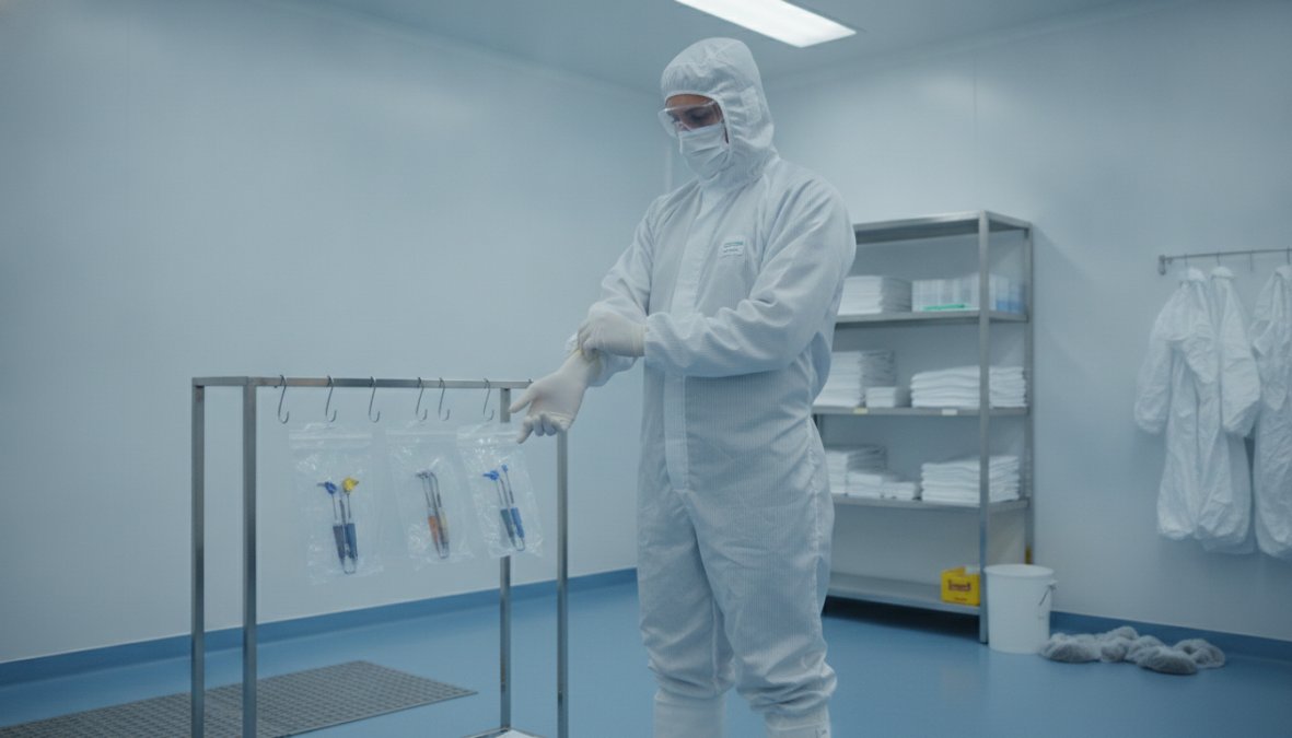 Technician in full cleanroom garb (white gown, double gloves, hood, shoe covers) performing aseptic technique at a primary engineering control workstation with laminar airflow