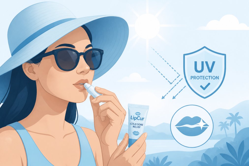 Person applying broad-spectrum sunscreen to lips outdoors on a bright sunny day, showing protective lip care in action with natural sunlight