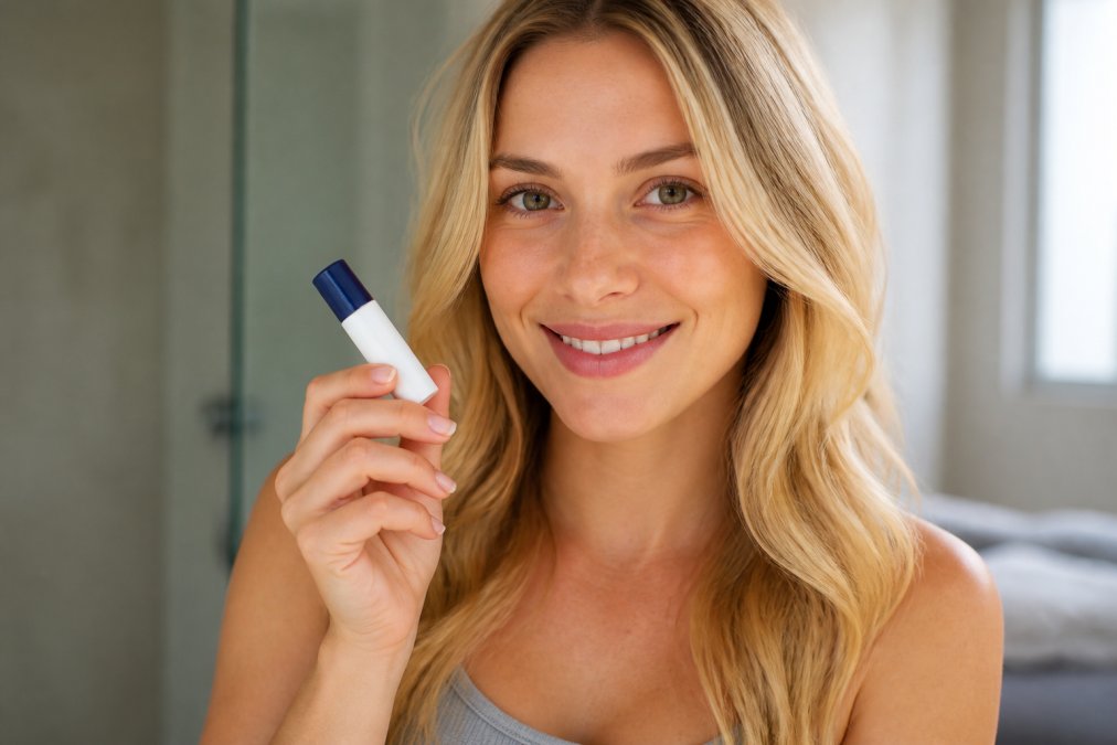 Close-up of someone holding LipCur cold sore relief product with a confident, healthy smile and clear lip skin in natural lighting