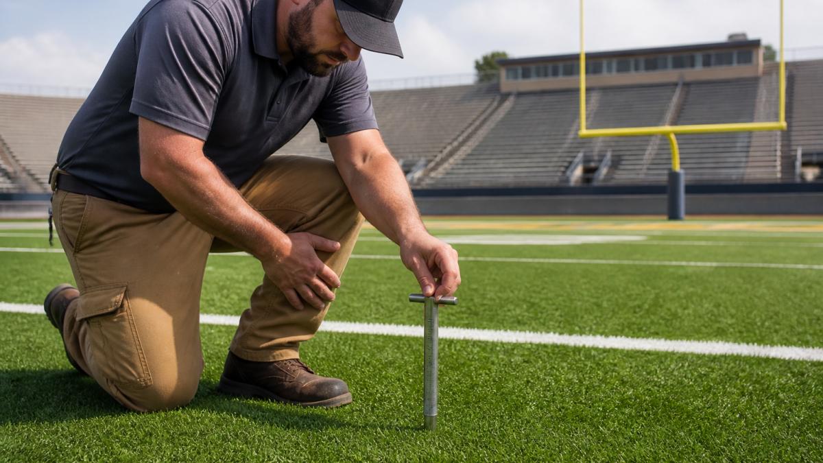 A grounds crew member in work clothes kneeling on a synthetic turf sports field, inspecting infill depth with a gauge tool, with a football goalpost and stadium seating in the background