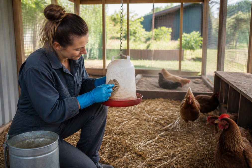 Person in rubber gloves cleaning a feeder in a clean coop for small flocks with fresh straw and a dust bath