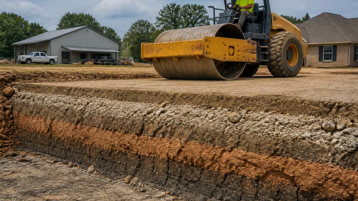 Professional demonstrating soil compaction with heavy equipment on construction site, showing layered base preparation before concrete pour with clear soil stratification visible