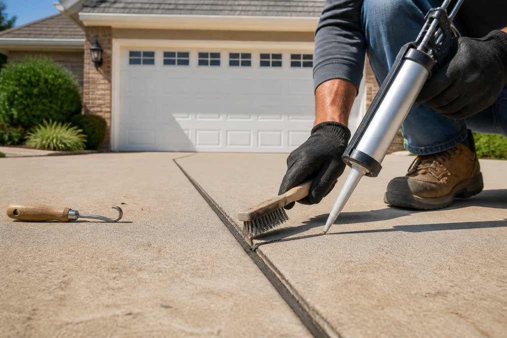 Cleaning a concrete control joint with a wire brush for preventing concrete driveway cracks with masonry sealant