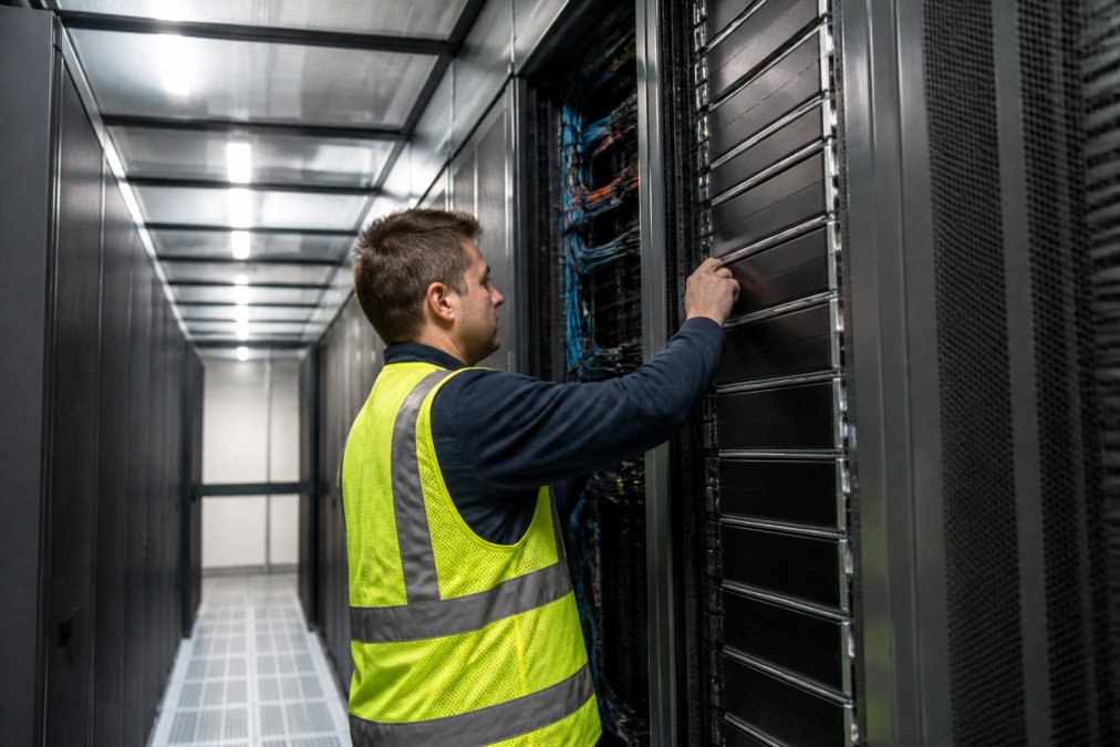 A data centre technician in a high-vis vest inspecting server racks in a cold aisle, with visible blanking panels and organised cable management, cool blue lighting overhead