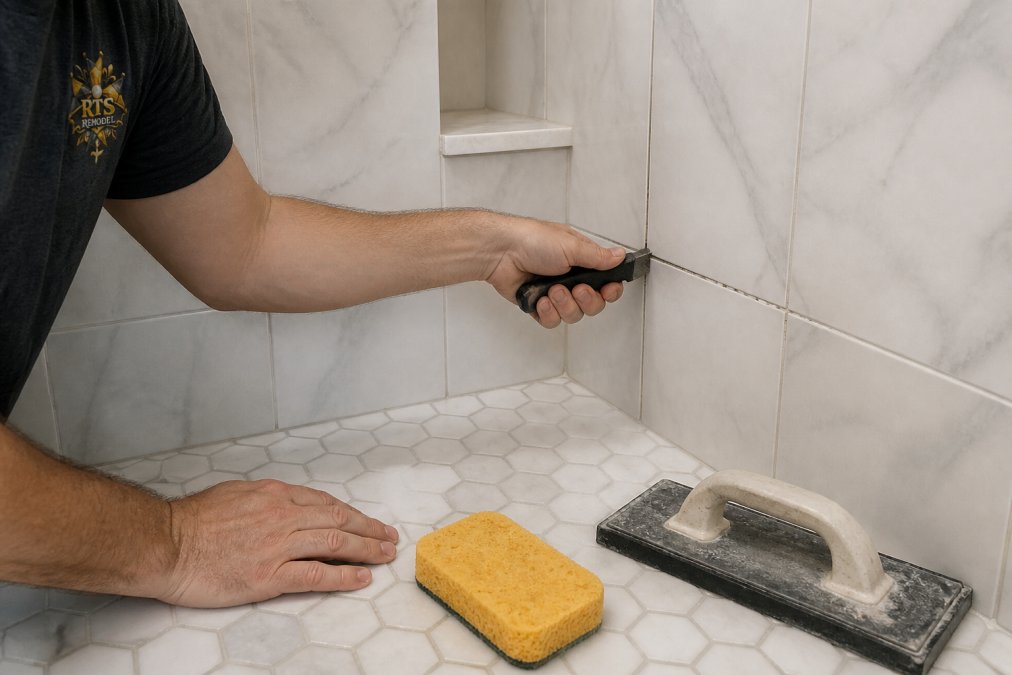 Hands using a grout rake to remove cracked grout from a shower wall with repair tools nearby
