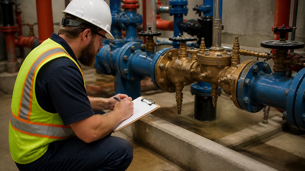 A certified backflow tester in safety gear inspecting a reduced-pressure zone assembly in an industrial mechanical room, clipboard in hand, pipes and valves visible in the background