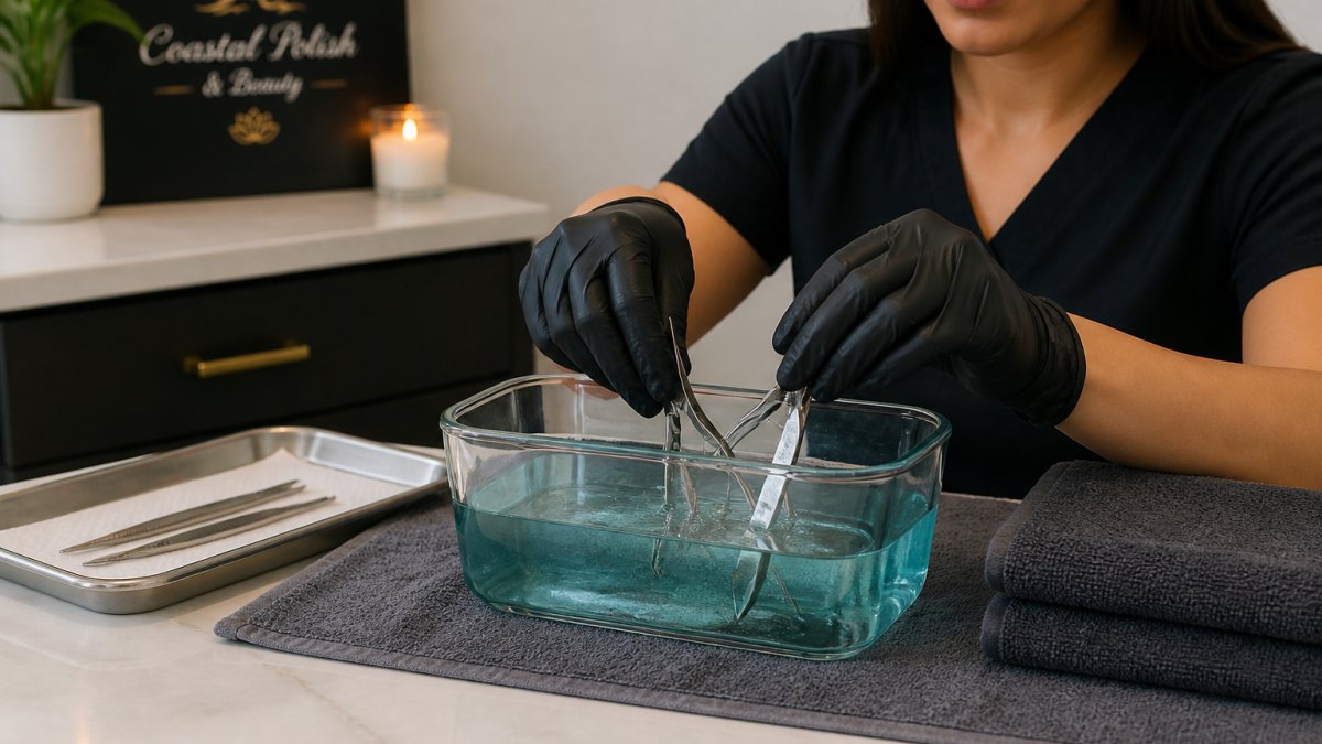 Professional nail technician's hands disinfecting metal nail tools in a clear glass container with blue disinfectant solution, showing proper submersion and workspace organization with towels