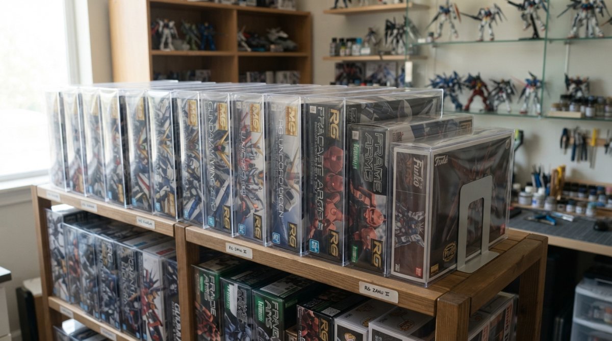 Model kit boxes carefully stacked on a shelf with foam dividers between layers, archival tissue paper visible, and moisture-control packets placed in the storage area