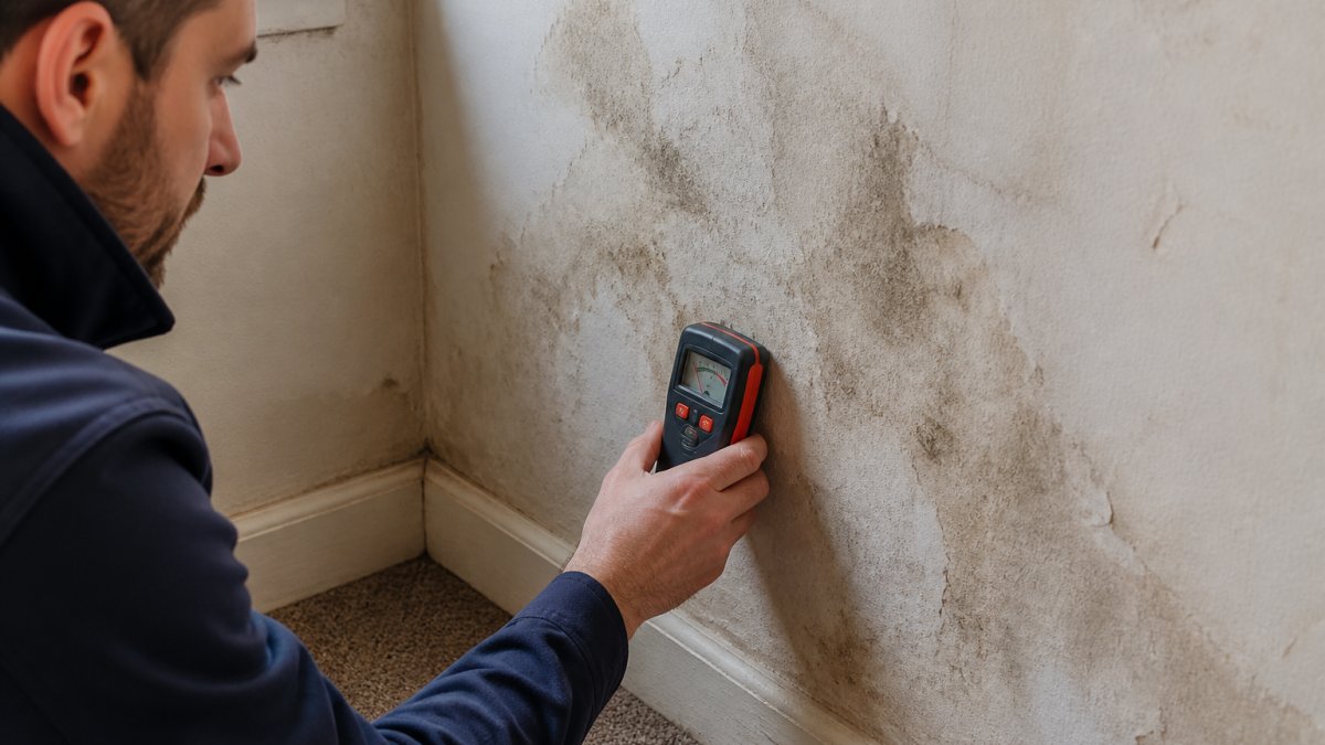 Professional surveyor holding a moisture meter against an interior wall, checking for damp patches with visible discolouration on the plaster surface