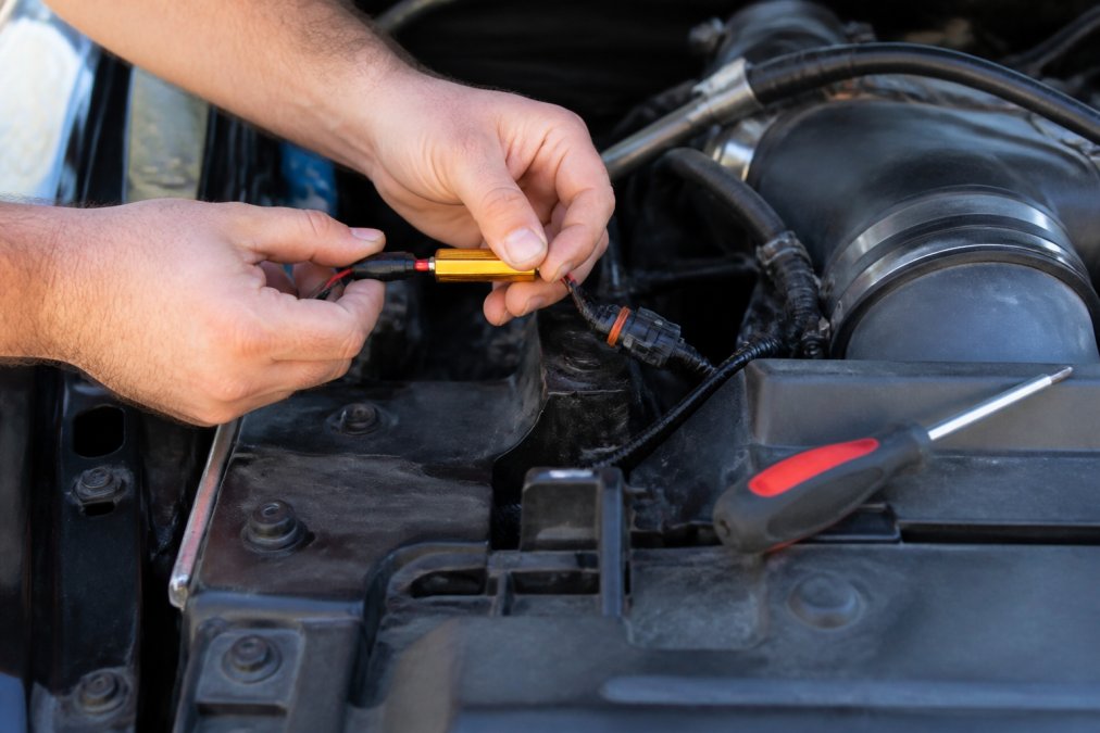 Close-up of a hand connecting a load resistor to a vehicle wiring harness in an open engine bay, with a screwdriver nearby and natural daylight illuminating the work area