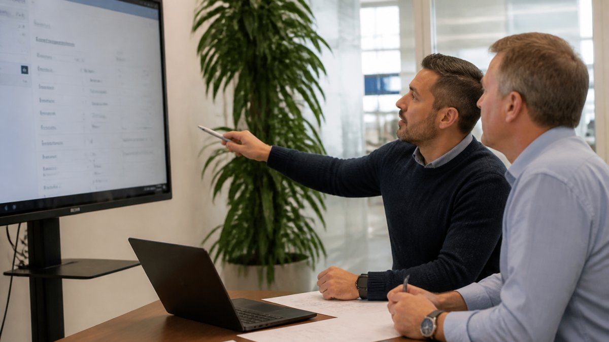 An IT manager and a consultant reviewing a SharePoint admin center dashboard on a large monitor in a modern office, with printed site inventory notes on the desk