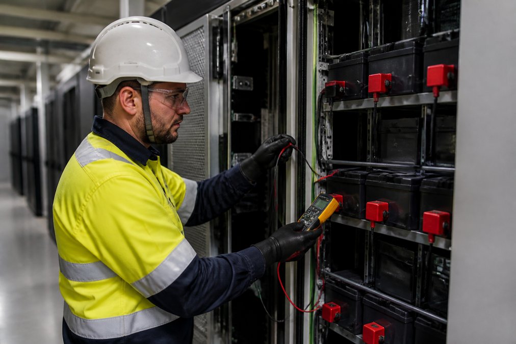 Technician performing a battery load test on a UPS cabinet, preventing data center power outages through maintenance.