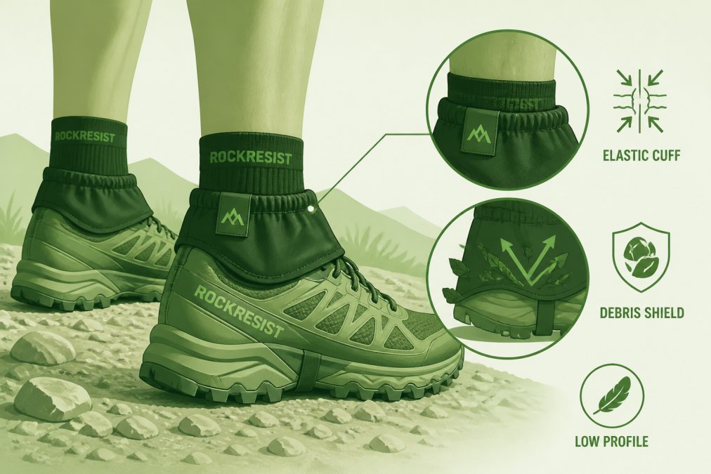 Close-up of a trail runner's lower legs and feet on a rocky dirt trail, showing low-profile gaiters attached over trail running shoes with elastic cuffs visible around the shoe opening