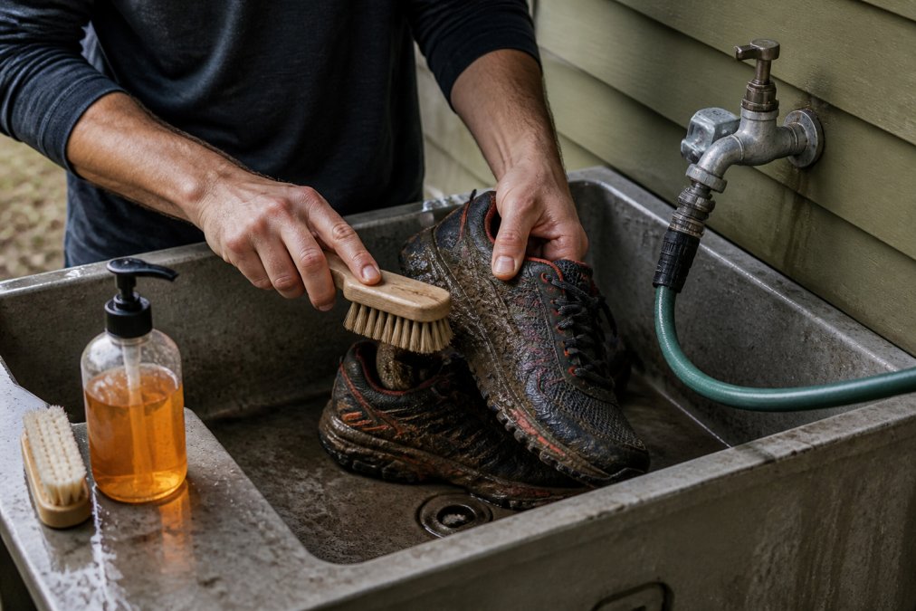 Hands scrubbing a pair of mud-caked trail running shoes with a stiff brush over an outdoor utility sink, with a bottle of mild soap and a garden hose nearby