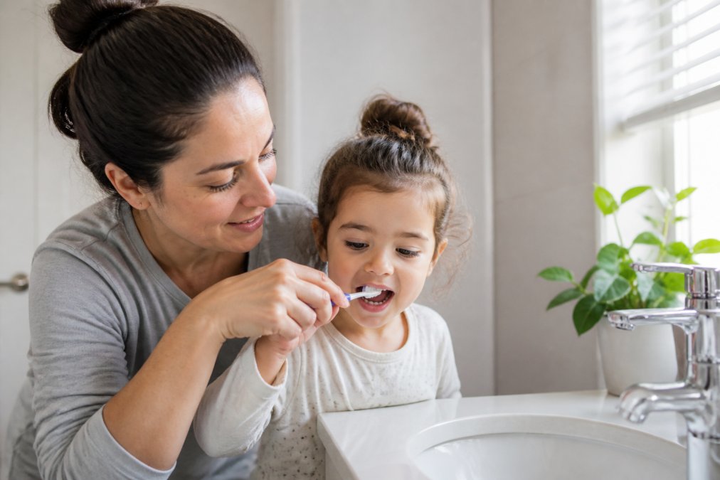 Parent guiding young child's hand while brushing teeth at bathroom sink with soft toothbrush, showing proper 45-degree angle technique with natural morning light streaming through window