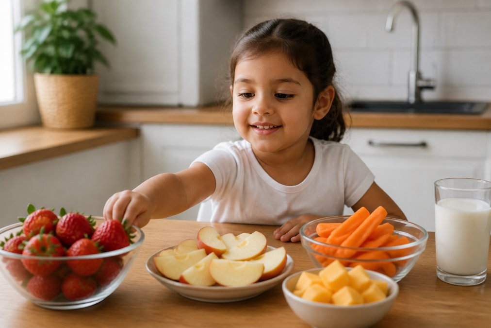 Child sitting at bright kitchen table with colorful array of healthy foods, fresh strawberries, apple slices, cheese cubes, raw carrots, and glass of milk, reaching toward fruit