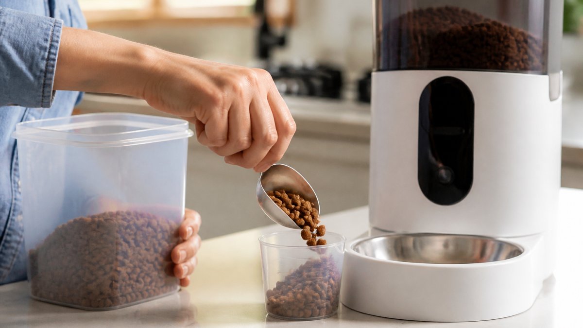 Close-up of hands measuring kibble into a measuring cup beside an automatic pet feeder, showing proper portion measurement technique with natural kitchen lighting