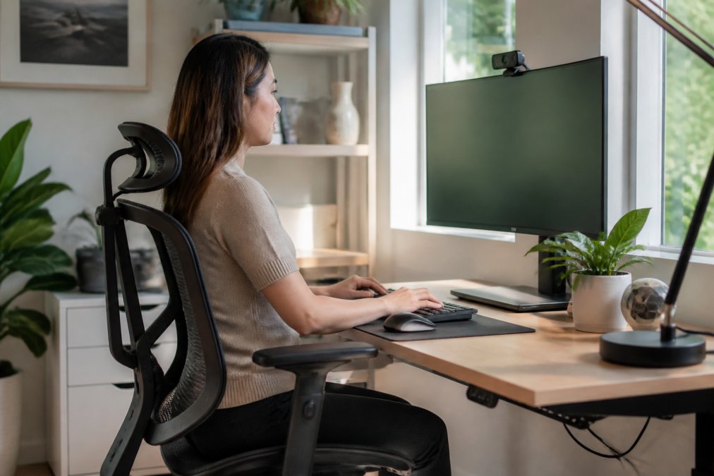 Diagram showing proper desk ergonomics and screen distance to prevent dry eyes while working at home
