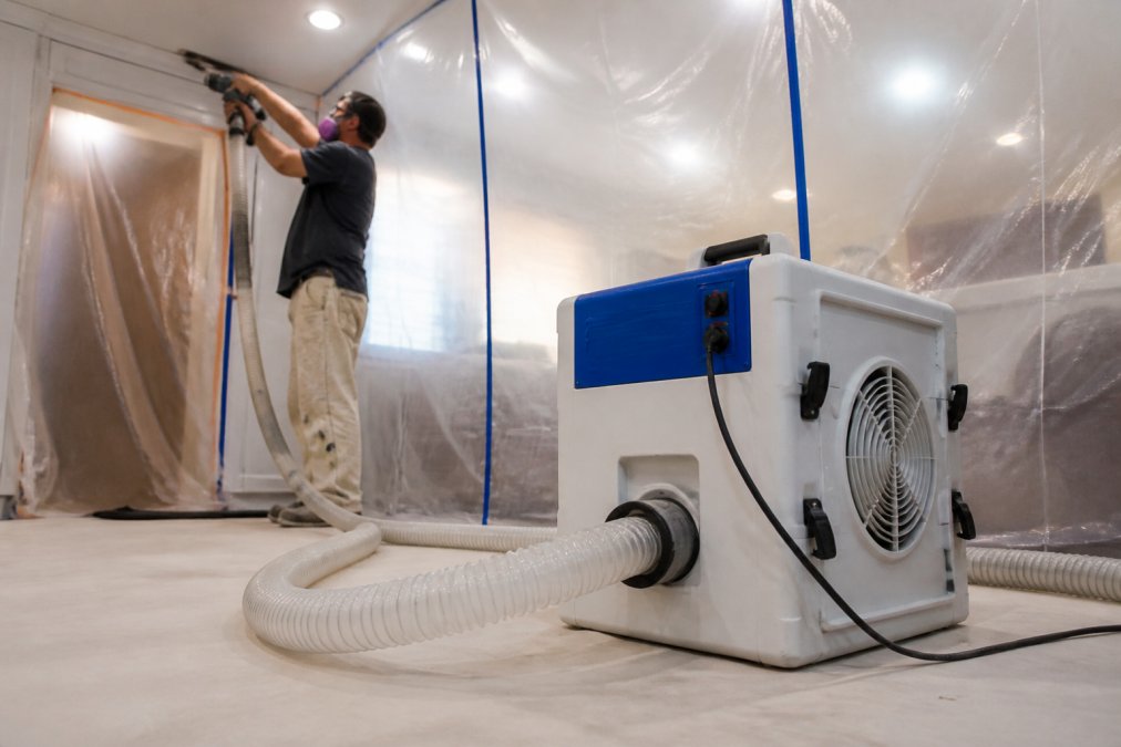 HEPA air scrubber unit positioned in renovation workspace with plastic containment barriers visible, showing equipment running with dust extraction hose connected to power tools
