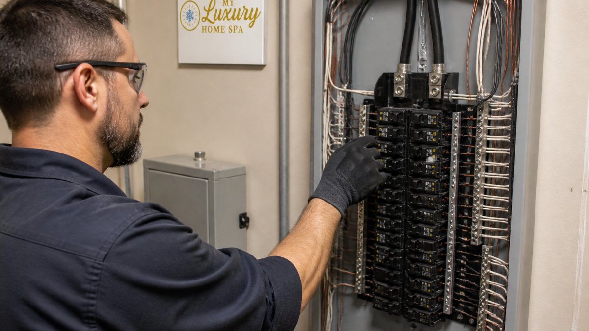 Electrician inspecting a residential circuit breaker panel and electrical connections