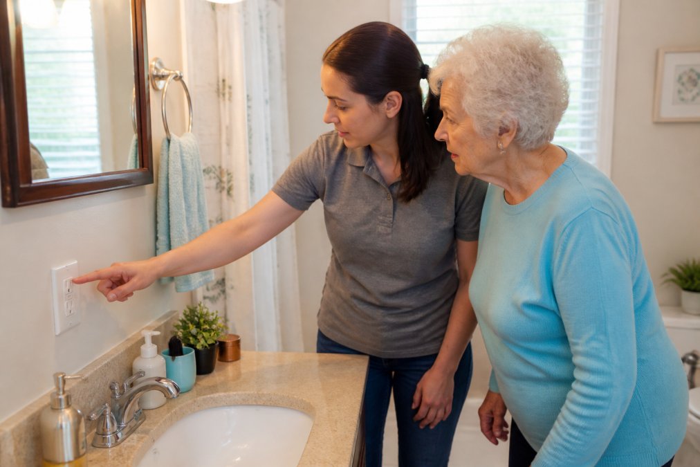 Caregiver pointing out a GFCI bathroom outlet to an older woman to help prevent electrical shocks.