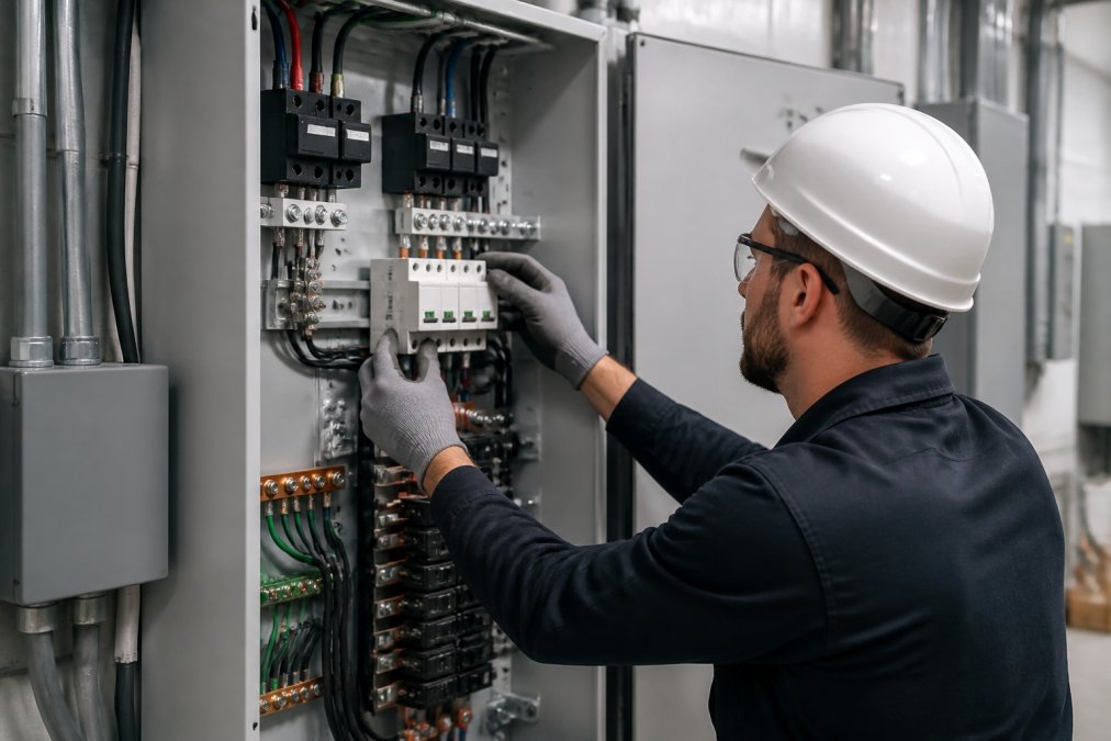 Electrician installing surge protective devices in a commercial panel for preventing electrical surges