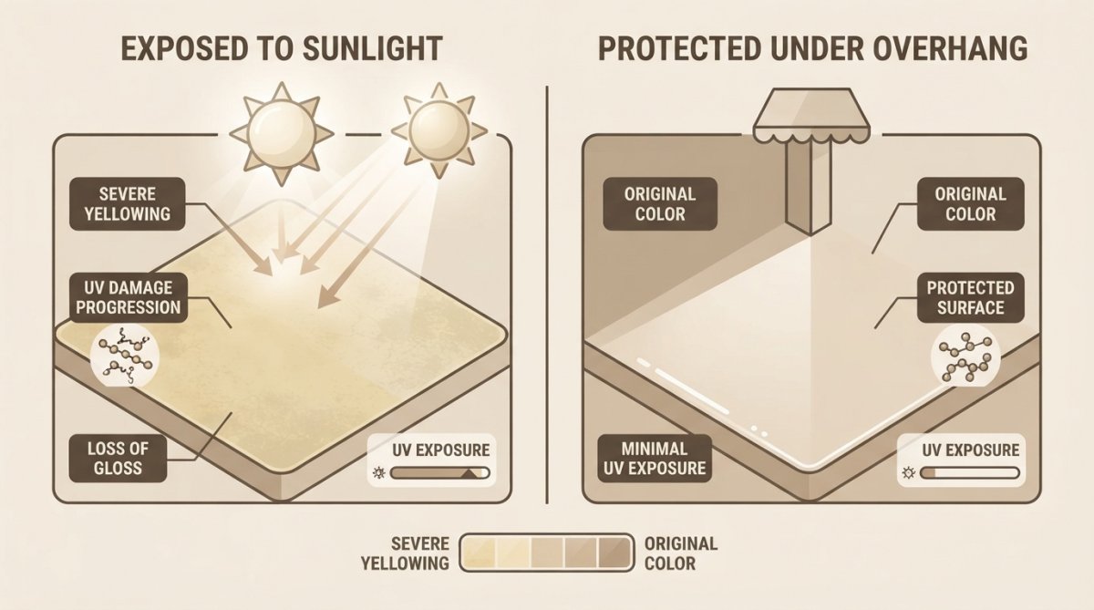 Close-up of a yellowed outdoor epoxy floor surface showing visible discoloration and fading compared to a protected section beneath an overhang, demonstrating UV damage progression in harsh afternoon sunlight