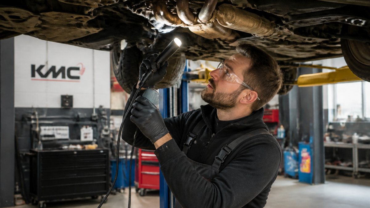 Professional mechanic inspecting the underside of a car engine, focusing on the exhaust manifold area with a torch and diagnostic equipment visible, in a modern garage with bright workshop lighting