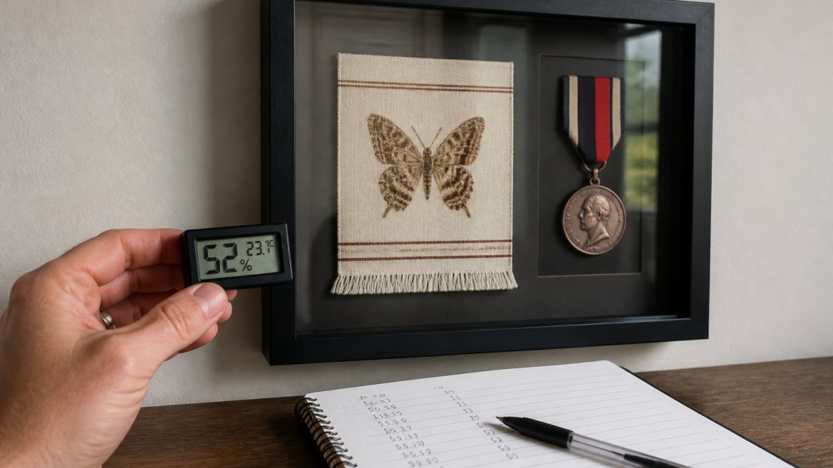 Close-up of a person's hand holding a small digital hygrometer beside a wall-hung shadowbox containing a textile and a medal, with a notebook recording readings