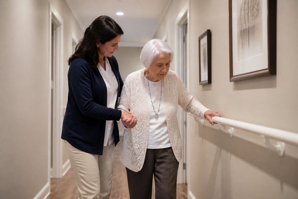 Caregiver helping an older adult with dementia navigate a well-lit, clutter-free hallway with grab bars installed along the wall and clear sightlines to doorways