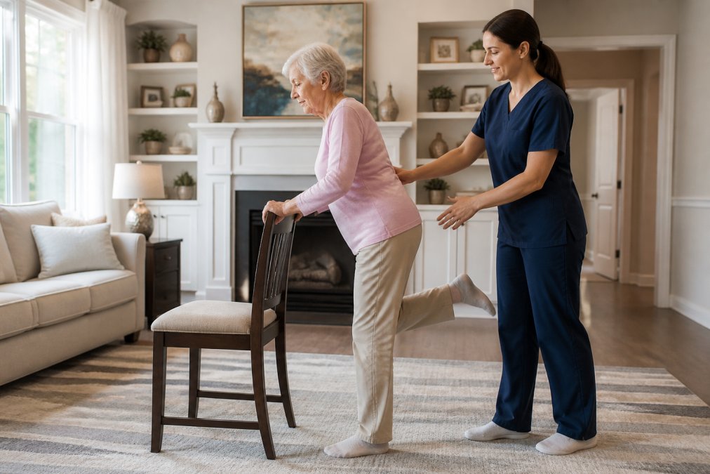 Older adult performing a standing balance exercise while holding onto a sturdy chair in a bright, safe living room with clear flooring and a caregiver nearby for support