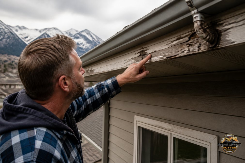 Homeowner in a flannel shirt examining the wooden fascia board along a roofline, pointing at water stains and peeling paint near a gutter attachment point, overcast afternoon light
