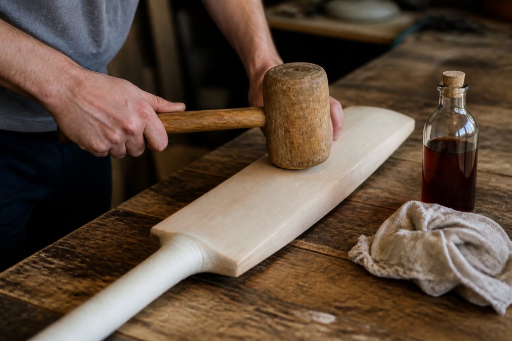 Close-up of a cricketer's hands using a wooden mallet to knock in the face of an English willow cricket bat, with a bottle of linseed oil and cloth resting on a workbench nearby