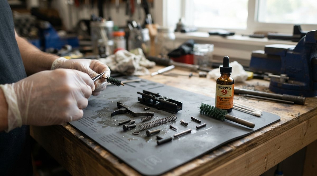 Close-up of a workbench with a disassembled pistol trigger group laid out on a mat, a nylon brush, a small bottle of gun solvent under bright workbench lighting