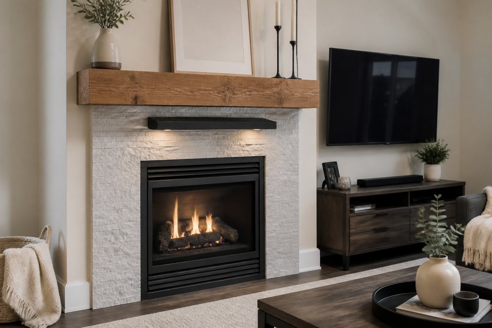 Modern living room interior showing a gas fireplace insert with a decorative wooden mantel mounted at proper clearance distance above the firebox, with a flat-screen TV positioned safely to the side and heat deflector visible above the insert