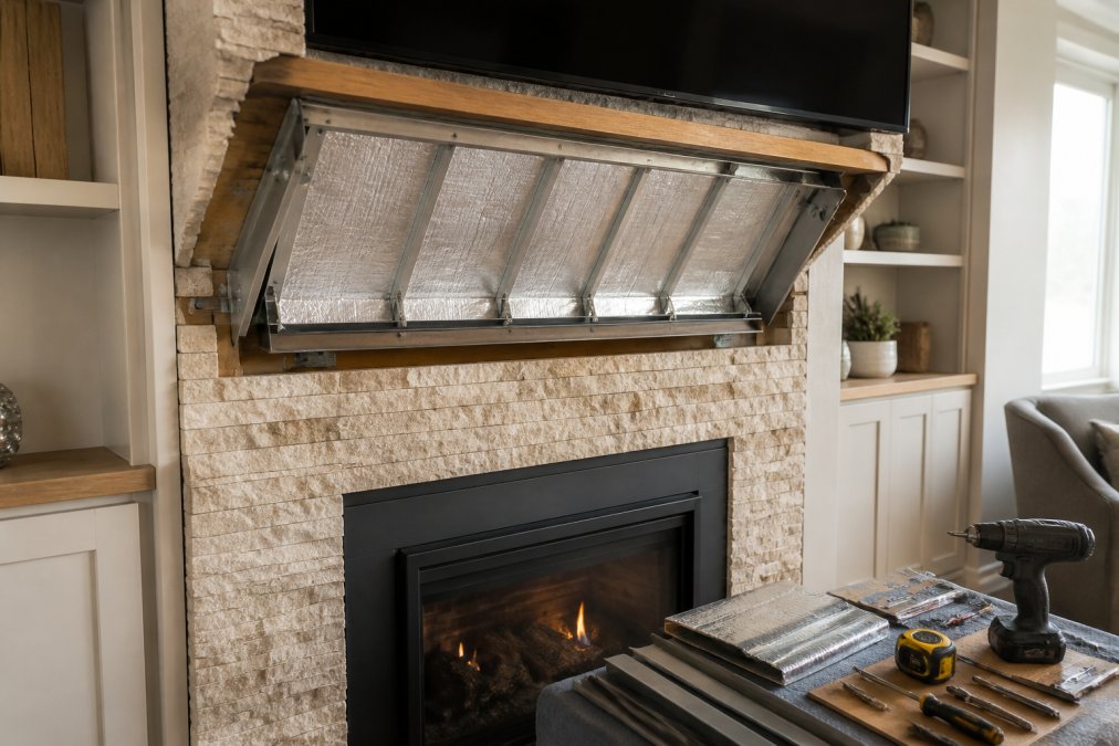 Close-up detail of a professional-grade heat deflector shield installed above a gas fireplace insert, with thermal-resistant materials and metal framework visible, mounted in a finished living room setting