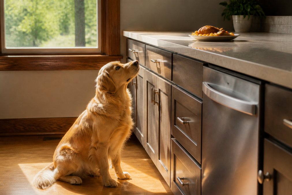 A golden retriever sitting patiently on a kitchen floor, looking up at a counter where a plate of food sits just out of reach, warm afternoon light through a window