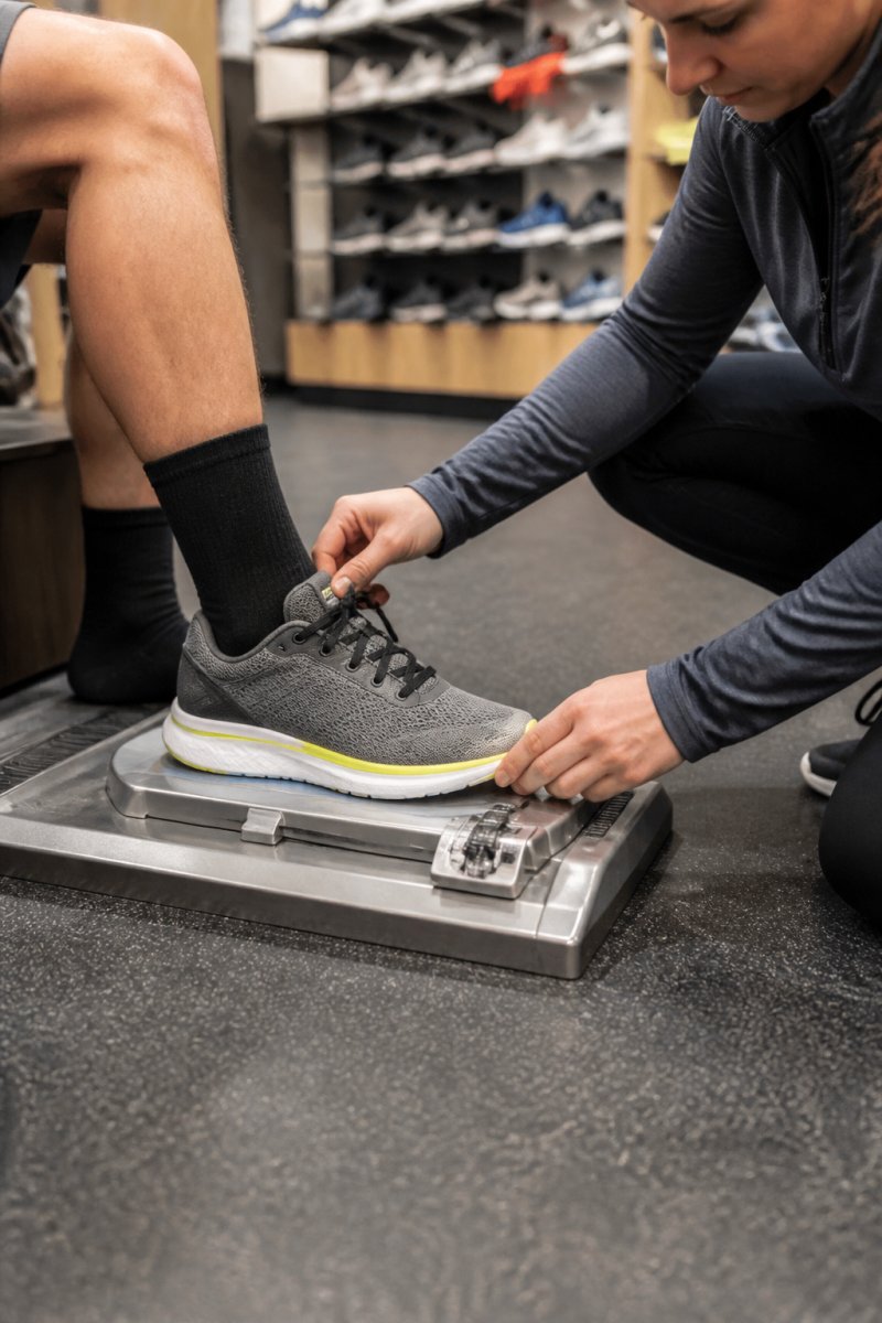 Specialty store staff checking toe box clearance and heel fit of a runner's shoe to ensure proper sizing