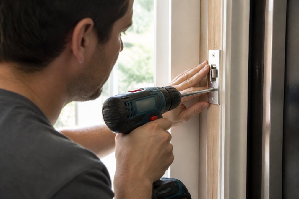 Close-up of a homeowner's hands using a power drill to drive a long steel screw through a reinforced strike plate into a wooden door frame, bright natural light from a nearby window illuminating the work