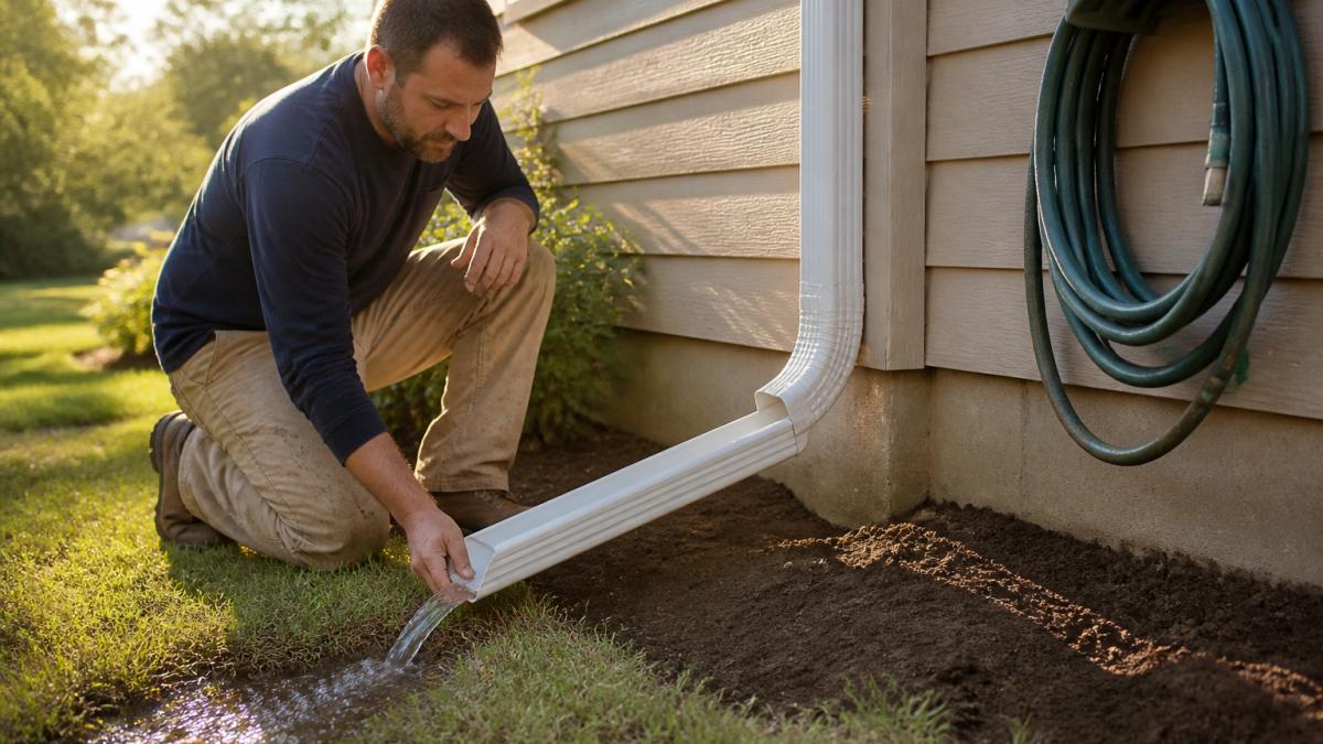 A homeowner in work clothes inspecting a downspout extension beside a home's foundation, garden hose coiled nearby and cleared soil visible, water flowing away from the house in bright afternoon light