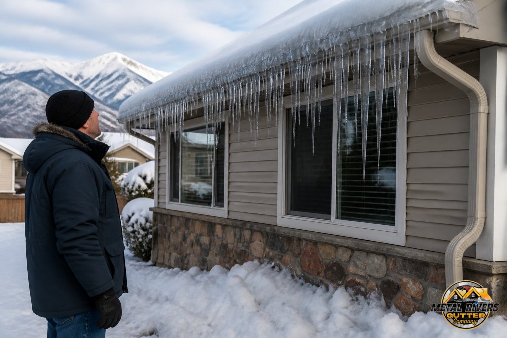 Homeowner observing ice dams and snow near a foundation, preventing foundation damage with gutters.