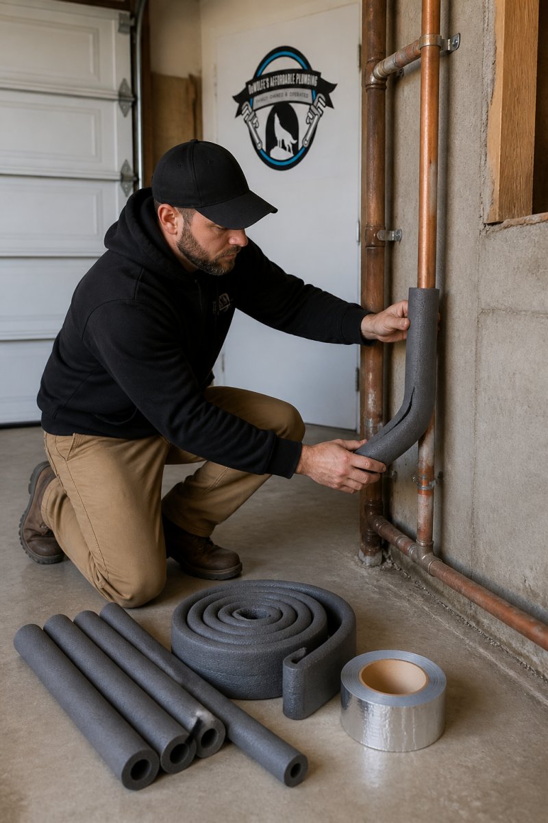 A homeowner kneeling in a garage wrapping gray foam pipe insulation around exposed copper pipes near an exterior wall, rolls of insulation sleeves and foil tape on the concrete floor beside them
