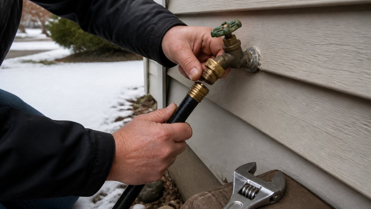 Hands disconnecting a garden hose from a faucet to aid in preventing frozen pipes west in Michigan during winter.